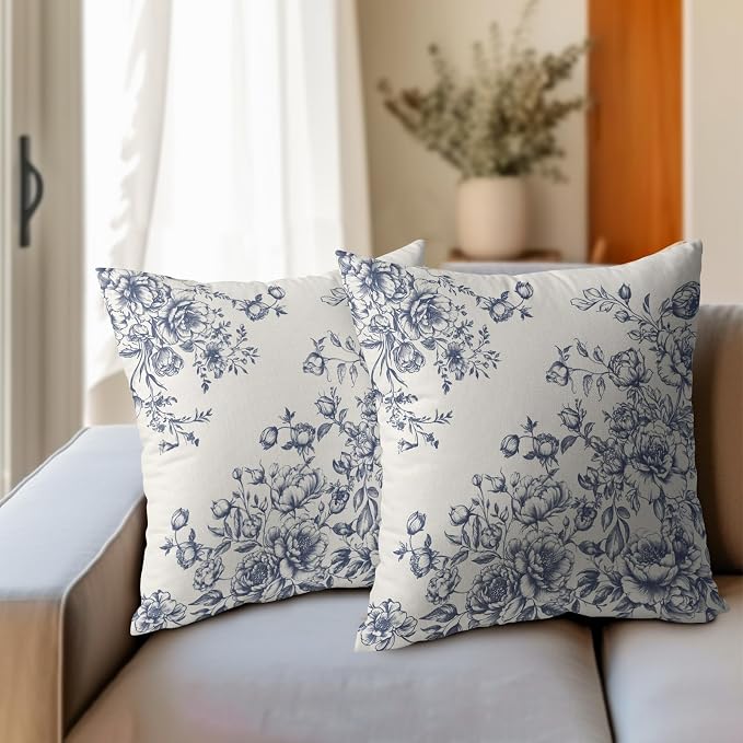 Kawani Blue Floral Throw Pillow Covers 22x22 Inch Pack of 2, Vintage Grandmillennial Style Chinoiserie Floral Square Pillowcase Cotton Linen Cushion Case for Couch Sofa Bed Home Decor