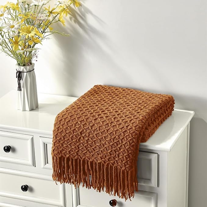CREVENT Farmhouse Boho Knitted Throw Blanket for Couch Sofa Chair Bed Home Decoration, Soft Warm Cozy Light Weight for Spring Summer Fall (50''X60'' Caramel/Rust Burnt Orange)