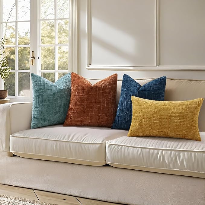 decorUhome Textured Chenille Throw Pillow Covers 22x22 Set of 2 Teal | Fall Modern Farmhouse Soft Cozy Slubby Couch Pillow Cases Boho Decorative Pillow Cases for Bed Sofa Living Room Home Decor