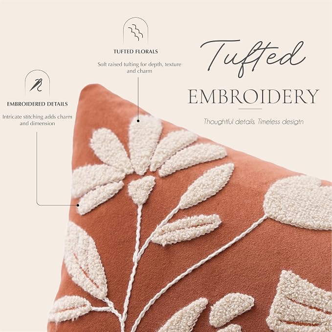 Lumbar Pillow Cover 12x20 Inch, Rust Terracotta Floral Tufted Velvet Decorative Accent Pillow Case for Sofa Bed Living Room, Cover Only