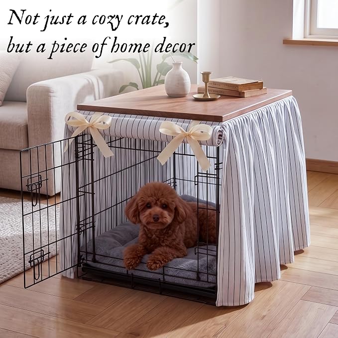 Boomkin Farmhouse Striped Dog Crate Cover 24 Inch, Rustic Cottagecore Pet Kennel Cover with Ruffled Skirt & Roll-Up Door, Elegant Fabric Decorative Dog Cage Cover for Indoor Home Decor