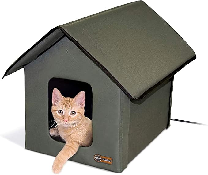 K&H Heated Cat House, Outdoor Kitty Shelter, Safety Listed, 20W, Olive