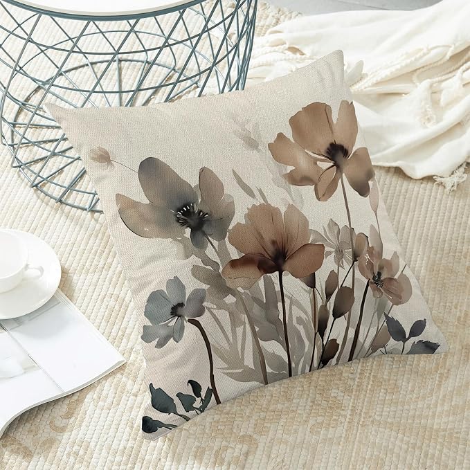 Spring Floral Pillow Covers 18x18 Inches Set of 2 Watercolor Brown Floral Throw Pillow Cover Outdoor Rustic Summer Flower Decor Pillowcase Farmhouse Decorative Linen Cushion Cover For Home Sofa
