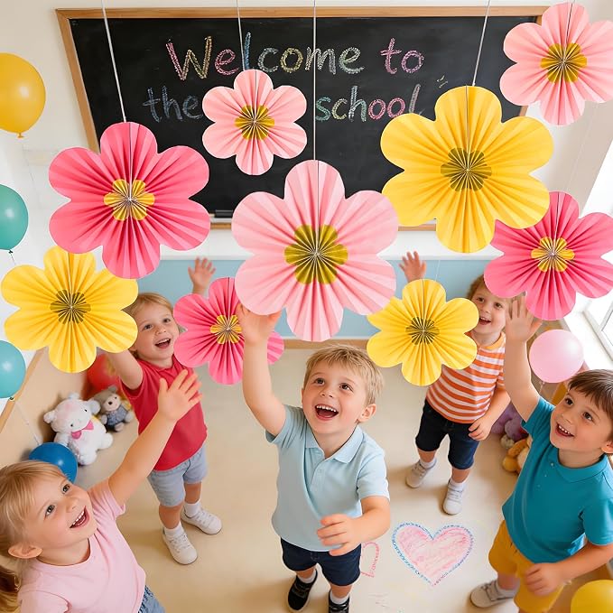 SUNBEAUTY Paper Flowers Decorations for Wall Gold Flower Party Decorations Hanging Fans Floral Backdrop Decor Mothers Day Birthday Wedding Baby Shower Decoration Wall Set of 9