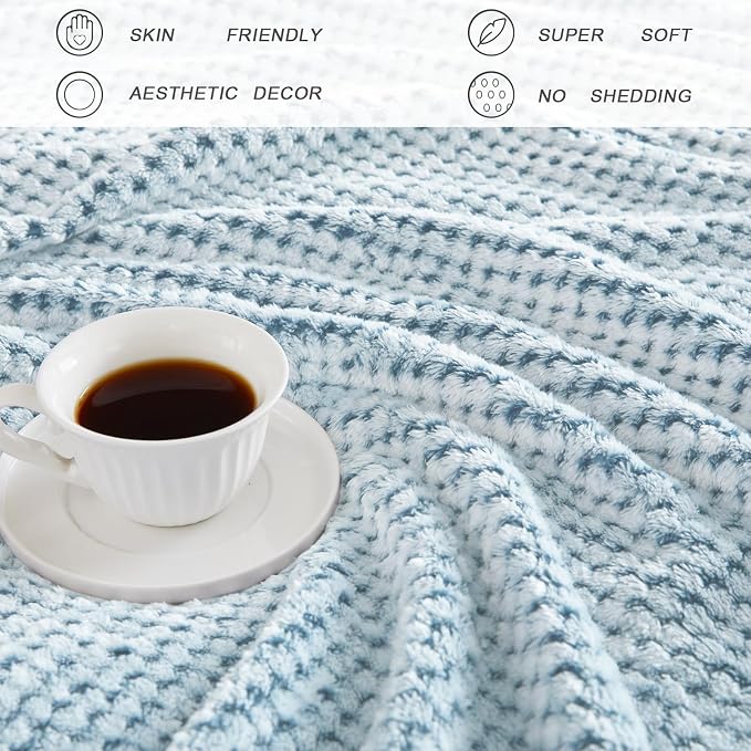 Exclusivo Mezcla Soft Waffle Fleece Bed Blanket King Size, Heather Blue | Lightweight Plush Blanket for Bed, Bedroom, Cozy Flannel with Waffle Texture, Stylish Home Decor, All Season, 104x90 Inches