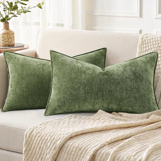 decorUhome Chenille Olive Green Velvet Throw Pillow Covers 12x20 Set of 2 | Fall Soft Lumbar Couch Decorative Modern Farmhouse Pillow Cases with Elegant Design for Sofa Bed Living Room Home Decor