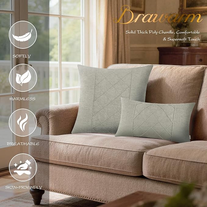 BRAWARM Chenille Throw Pillow Covers 18x18 Inches, Taupe, 2 Pack | Decorative Pleated Pillow Covers, Soft Cushion Cases for Sofa Bed Living Room Home Farmhouse (No Insert)