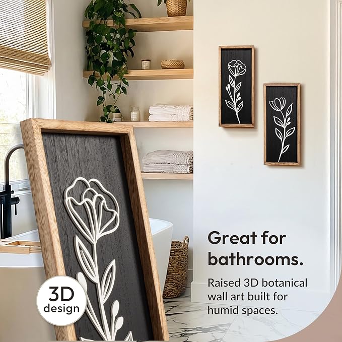 3D Vintage Black Living Room Decor (Set of 2) Lightweight, Wooden Ready-to-Hang Framed Moody Floral Wall Art for Bathroom, Bedroom or Office - Dark Textured Boho Farmhouse Wall Decor - Gift-Boxed