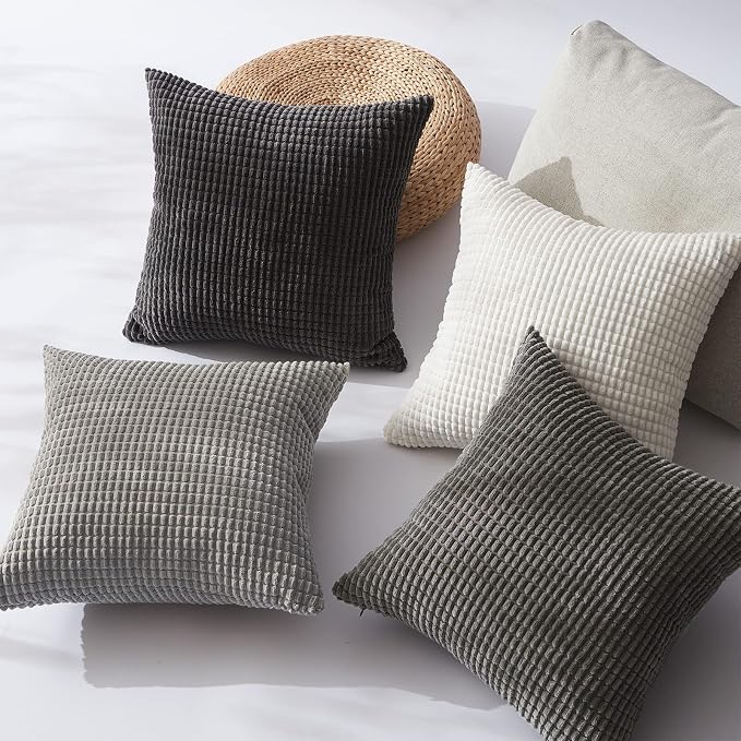 Topfinel 4 Packs Grey Decorative Throw Pillow Covers 26x26 Inch for Living Room Couch Bed Sofa, Boho Western Farmhouse Home Decor, Square Soft Moss Corduroy Fall Cushion Case 65x65 cm