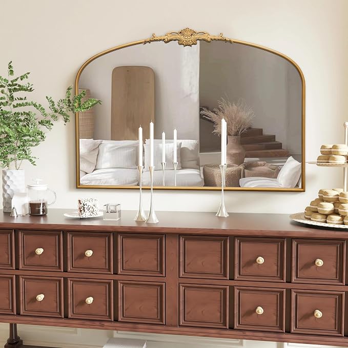 Besdomus Vintage Arched Gold Mirror: 48"x33" Oversized Decorative Mirrors | French Baroque Metal Framed - Traditional Ornate for Home Renovation Decor - Ideal for Foyer/Entryway/Fireplace/Living Room