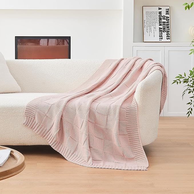 CozeCube Pink Knitted Checkered Throw Blanket 50"X60" | Check Knit Throw for Couch, Decorative Christmas Soft Cozy Warm Blanket for Bed Sofa Living Room