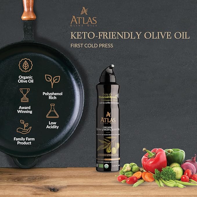 Olive Oil Spray by Atlas, Dual Function Olive Oil Cooking Spray and Stream, 5.4 fl oz, 6 Pack, Extra Virgin, Non Stick, Cold Pressed, Polyphenol Rich, Organic Moroccan EVOO, Hydroxytyrosol, Keto