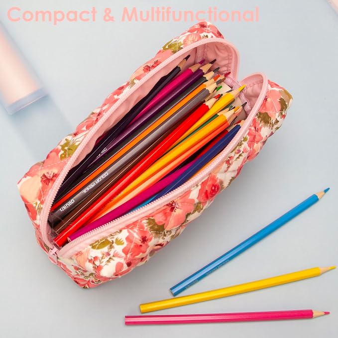 PAZIMIIK Small Quilted Makeup Bag,Zipper Cosmetic Pouch,Floral Red | Lightweight Cosmetic Bag Organizer for Women,Purse Storage Holds Makeup,Toiletries,Skincare,Beauty Essentials,Travel Items
