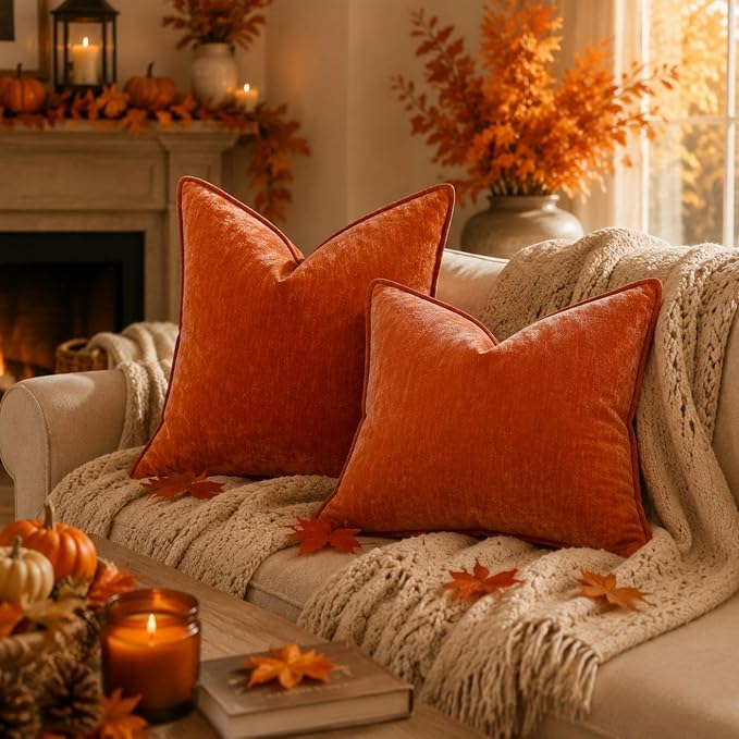 decorUhome Chenille Rust Velvet Throw Pillow Covers 16x16 Set of 2 | Fall Soft Couch Decorative Modern Farmhouse Pillow Cases with Elegant Design for Sofa Bed Living Room Home Decor