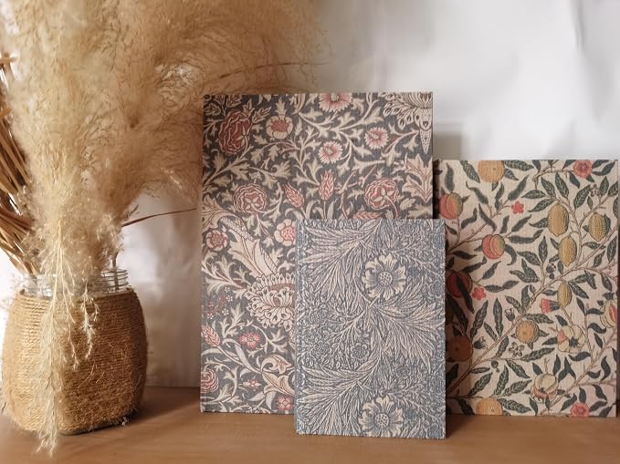 Wooden Book Box Set of 3 – Vintage Floral Designs with Linen Fabric Covers and Magnetic Closure, William Morris Style Hidden Storage for Bookshelf, Home or Office Decor