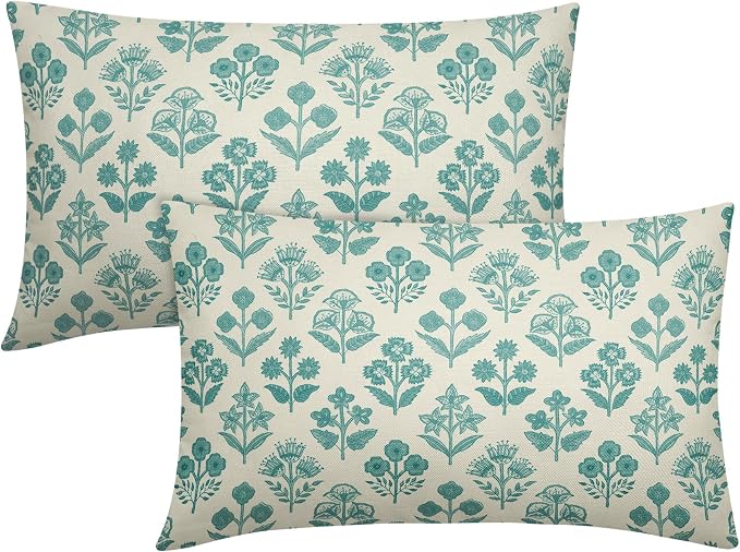 Teal Floral Pillow Covers 12x20 Inch Set of 2, Block Print Lumbar Flower Cream Decorative Throw Pillowcases Outdoor Farmhouse Rectangle Cushion Covers Spring Summer Sofa Couch Bed Decor