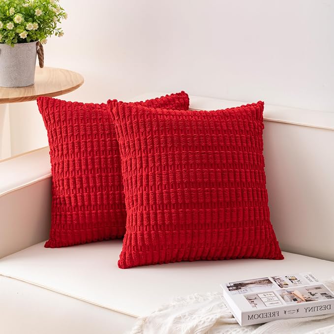 Aegero Pack of 2 Corduroy Decorative Throw Pillow Covers 18x18 Inch, Red | Fall Soft Striped Pillow Covers Modern Farmhouse Home Decor Christmas Throw Pillow Covers for Sofa Living Room Couch Bed