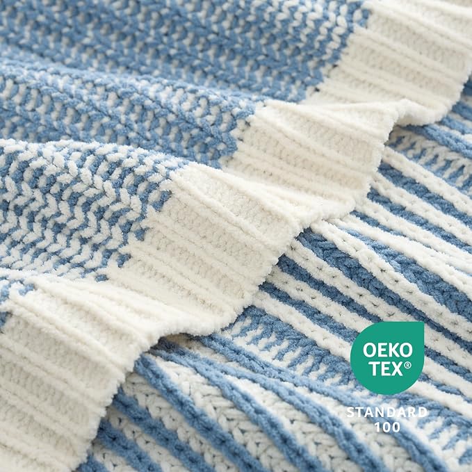Premium Chenille Throw Blanket, Blue Ivory, 60"x80" | Soft Cozy Decorative Knit, Textured Two-Tone, Lightweight Warm, For Couch, Sofa, Bed, Living Room