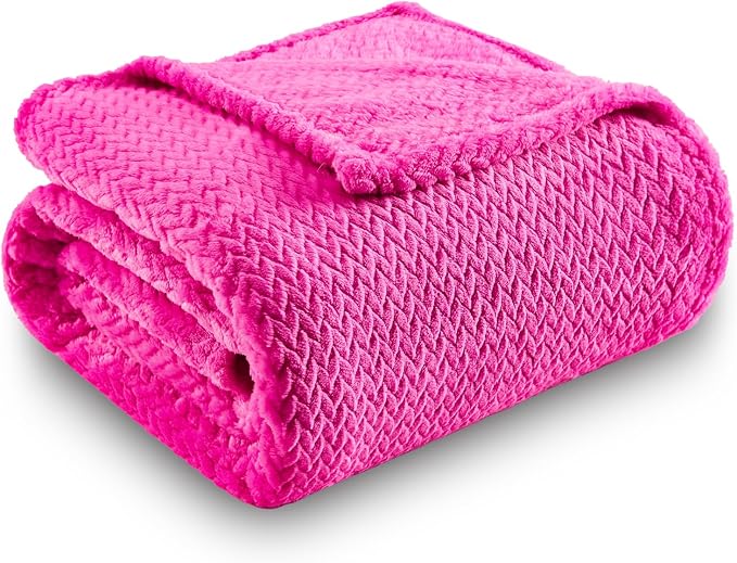 NEWCOSPLAY Fleece Leaves Pattern Twin Blanket, Hot Pink, 60"x80" | Super Soft Throw Blanket, Lightweight Cozy Bed Sofa Blanket, Premium Silky Flannel Fleece, Travel Blanket for All Season Use