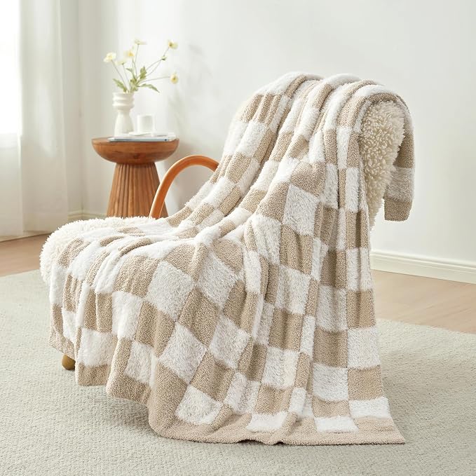 Snuggle Sac Checkered Throw Blanket Faux Fur Microfiber Blankets for Couch,Cozy Soft Warm Blanket for Sofa Bedroom Living Room,Beige Checker,60x80 inches