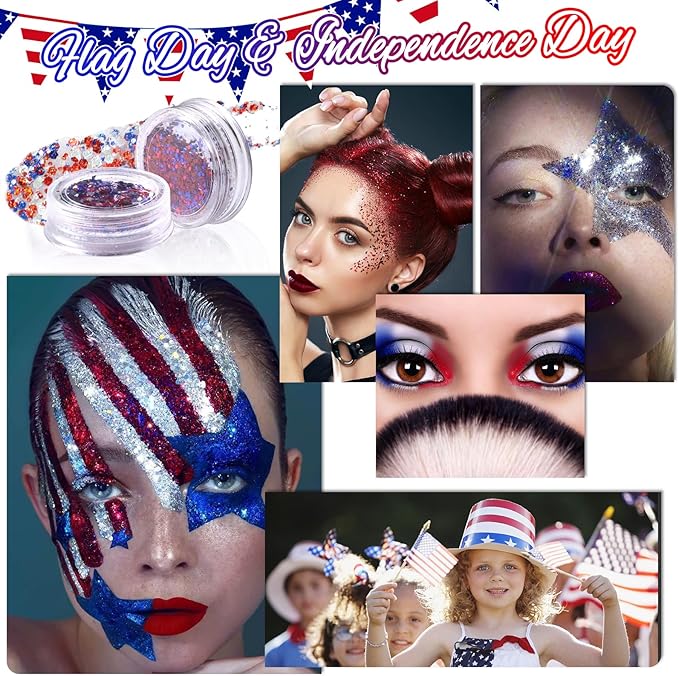Laza Independence Day Body Glitter, 2 Jars Olympic Red Blue White Chunky Sequins with Glue Women 4th of July Face Paint Festival Rave Outfit Hair Accessories Party Costumes-Independence Parade