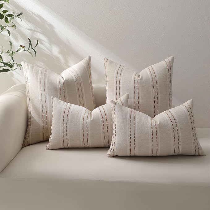 Hckot Fall Throw Pillow Covers 24x24 Set of 2 Striped Rust Pillow Covers Textured Linen Decorative Pillows Square Cushion Covers for Sofa Couch Bed Living Room Farmhouse Decor(Caramel)