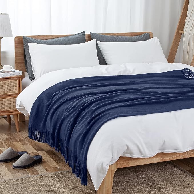 Vonty Royal Blue Knitted Throw Blanket with Tassels Fringe, 50x60 Acrylic | Super Soft And Lightweight, Year-Round Cozy Warmth, Farmhouse Decorative Style, Machine Washable, for Couch, Sofa or Bed