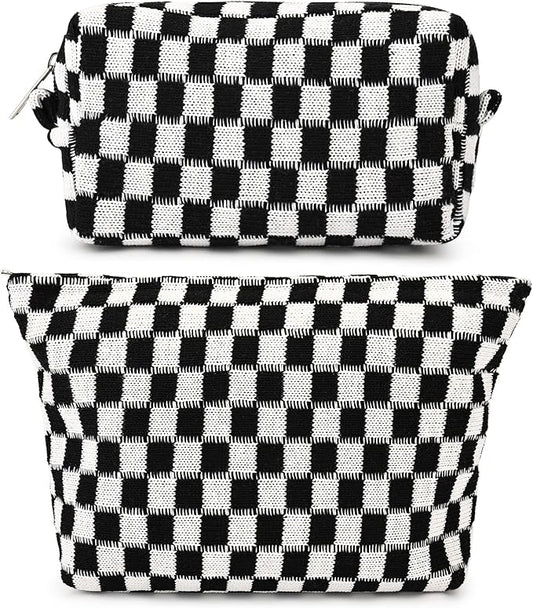 SOIDRAM 2 Pieces Black Makeup Bag Large Checkered Cosmetic Bag Capacity Canvas Mix Travel Toiletry Bag Organizer Cute Makeup Brushes Aesthetic Accessories Storage Bag for Women, Checkered Mix Black