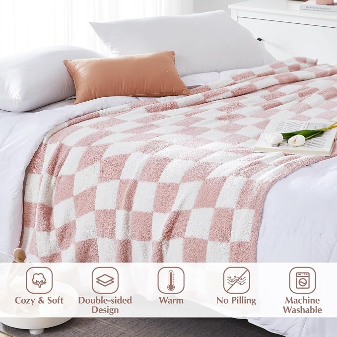 Soft Twin Size Checkered Blanket for Bed-Cozy Knitted Blankets | Lightweight Fluffy Warm Decor for Women, Mom, Her & Girls, Sofa, Chair, Couch, 60x80in,Pink