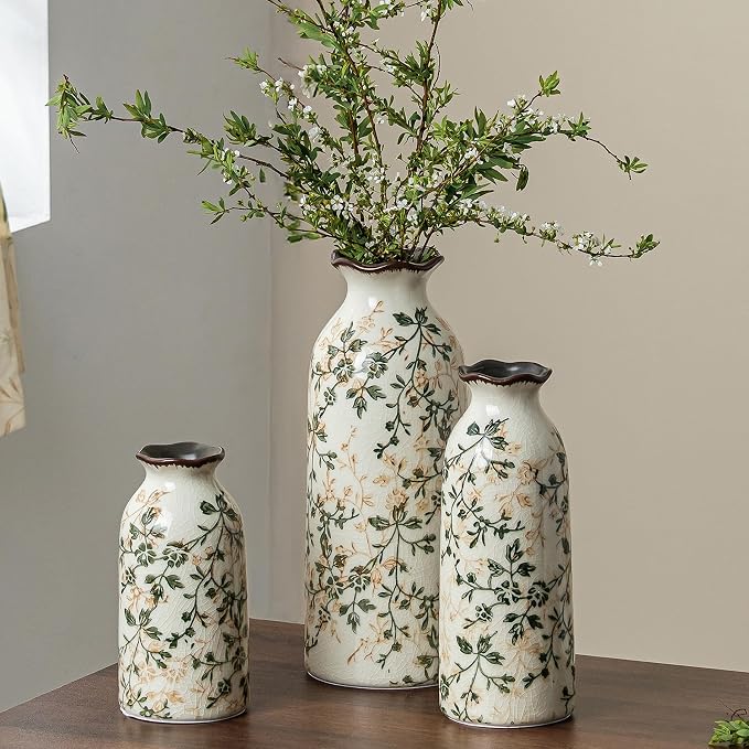 Ceramic Flower Vase Set for Home Decor, Vintage Green Vase (6+8+10 Inch) | Rustic Farmhouse Floral Vase for Entryway, Living Room, Kitchen, Coffee Table, Mantel, Bookshelf, Wedding Centerpiece