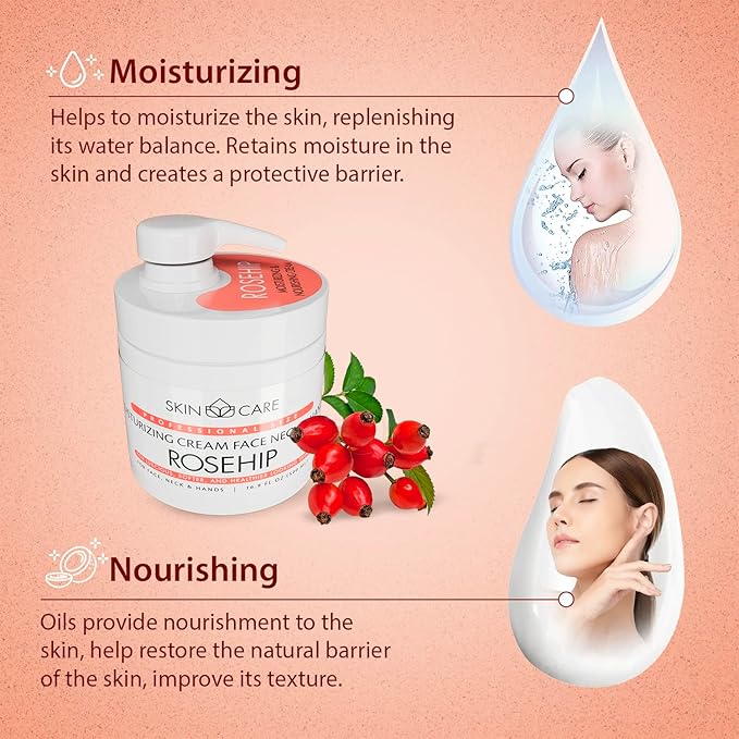 Skin Care Rosehip Oil 3-in-1 Moisturizer Face Cream, Neck and Hands - Treatment for Crepey Texture, Wrinkles and Sagging - Daily Lotion for All Skin Types - 16.9 fl. oz.