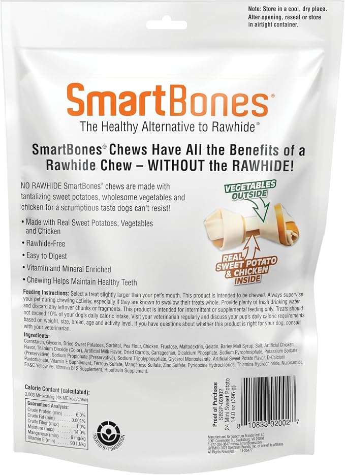 SmartBones Mini Bones Rawhide-Free Dog Treat, Real Sweet Potato, 24 Count | With Real Sweet Potatoes & Chicken, Easy To Digest Chew, Vitamin & Mineral Enriched, Supports Dental Health, For Small Dogs