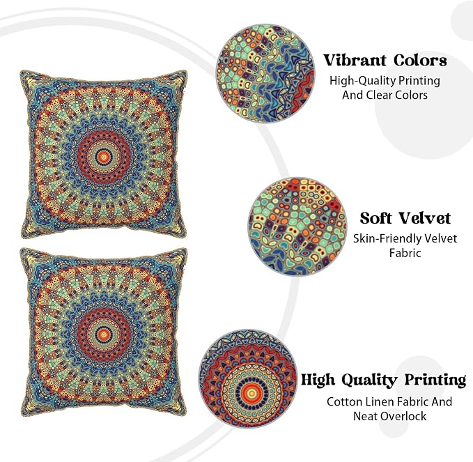 KSLIDS Boho Mandala Floral Soft Velvet Throw Pillow Covers Set of 2 Navy Blue Orange Flower Decorative Pillow Covers 20x20 Inch Abstract Retro Pillow Case for Sofa Couch Outdoor Modern Home Decor