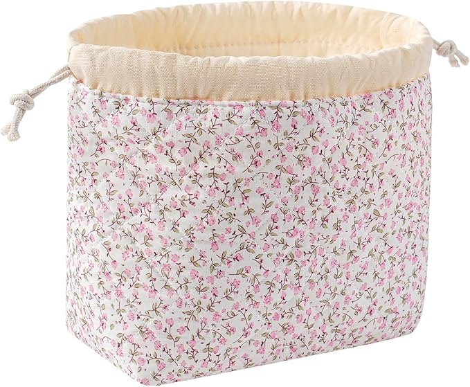 uekeboag Cotton Quilted Seersucker Makeup Bag with Canvas Lining,Coquette Aesthetic Cute Travel Toiletry Bag,Drawstring Gift Bag for Women and Girls（Pinkfloral）