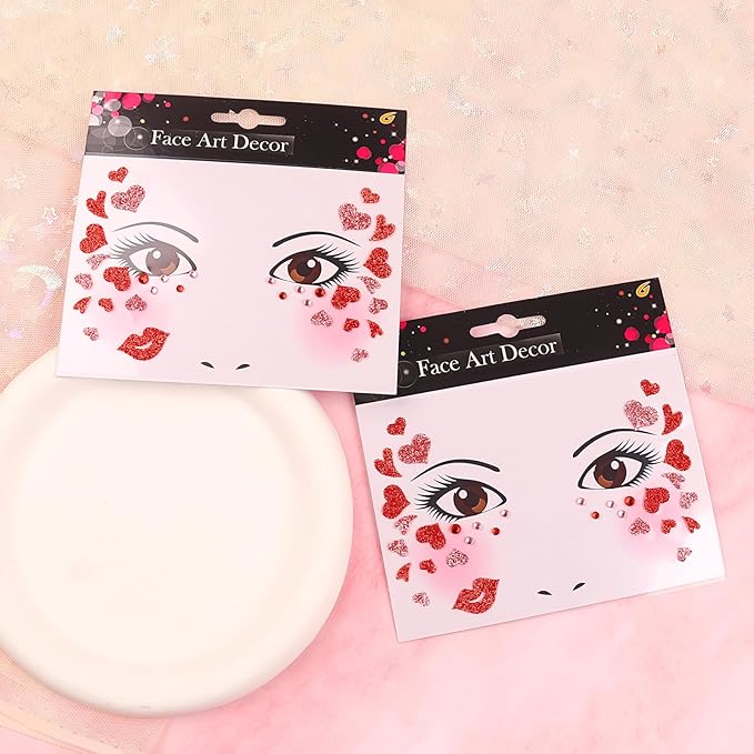 Valentine's Day Face Gems Face Jewels Stickers Red Love Heart Lip Self Adhesive Eye Body Face Nail Hair Crystal Rhinestones for Makeup Festival Glitter Face Art Decor 2Sheets (style1)