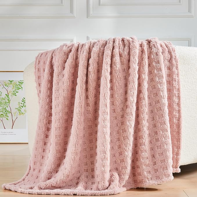NEWCOSPLAY 3D Waffle Checkered Flannel Queen Blanket, Pink, 90"x90" | Super Soft Cute Lightweight Decorative Premium Silky Fleece Blanket for Couch Sofa Bed, Gift for Women Men, All Season Use