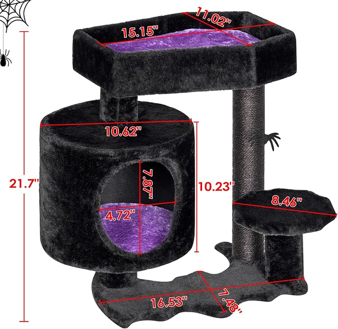 BEWISHOME Cat Tree for Indoor Cats, Gothic Cat Tree with Coffin Bed | Goth Cat Tree Tower with Scratching Posts/Board, Cat Condo/House/Shelves for Kittens, Spider Toy, Black and Violet Small