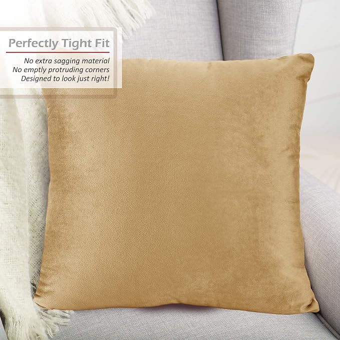 Throw Pillow Inserts Pack of 2 with Velvet Soft Solid Decorative Square Throw Pillow Covers Set for Sofa Couch Car Bedroom, 18X18 Throw Pillows Inserts with 16x16 Washable Cushion Covers, Camel Gold
