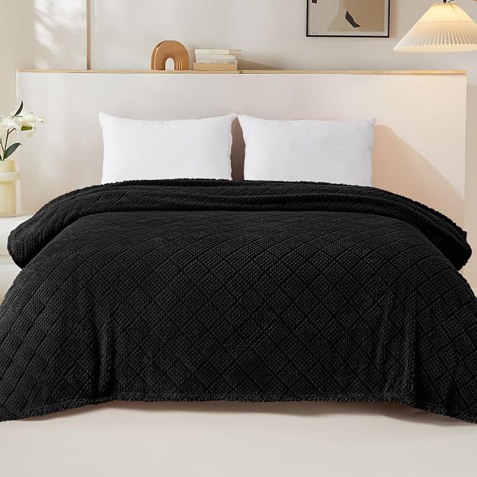 Whale Flotilla Soft Fleece King Size Blanket for Bed, Black | Jacquard Waffle Blankets for Home Decor, Lightweight and Cozy, All Season Suitable, 90x104 Inch