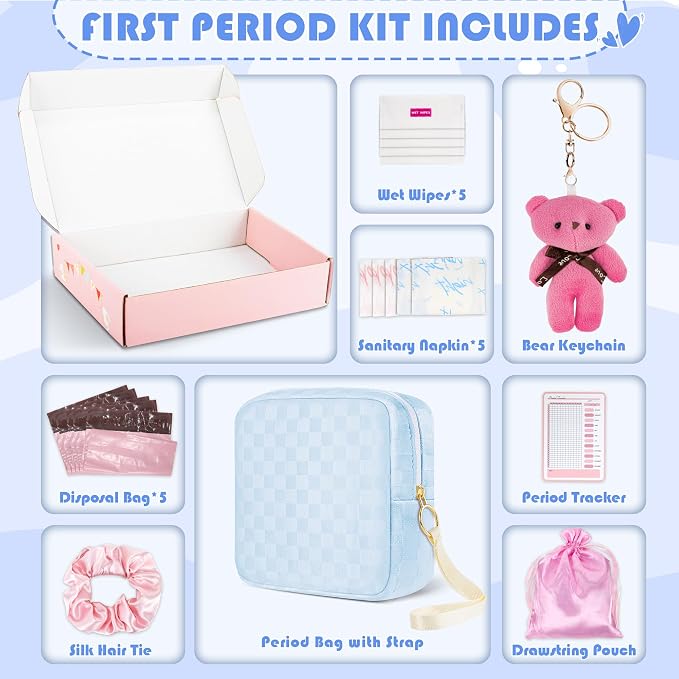 Likesing First Period Kit for Girls, 5.3" Checkered Tampon Holder for Purse, Menstrual Starter Tampon Bag Pad Pouch, Emergency Sanitary Napkin Storage Bag Teen Period Kit Gifts for Tweens