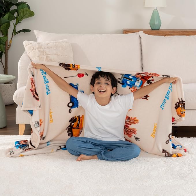 Berkshire Blanket - Officially Licensed Little Blue Truck Kids Throw Made with Signature VelvetLoft® Fabric, Pet-Friendly and Cozy Throw, 50 in x 60 in, Little Blue Truck - Stripe Neutral