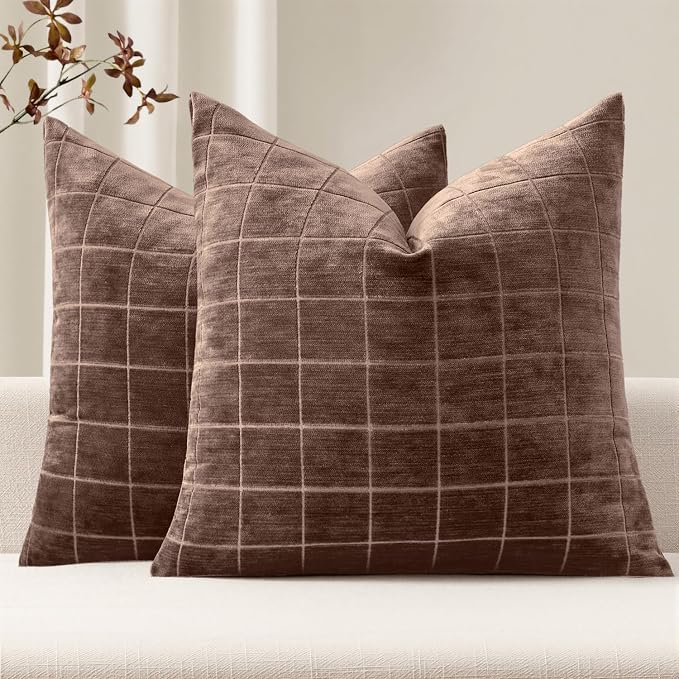 MIULEE Reddish Brown Plaid Fall Euro Throw Pillow Covers 22x22 Set of 2 | Vintage, Check Chenille Couch Pillows, Boho Farmhouse Cushion Covers, Modern Home Decor for Sofa Bed Living Room