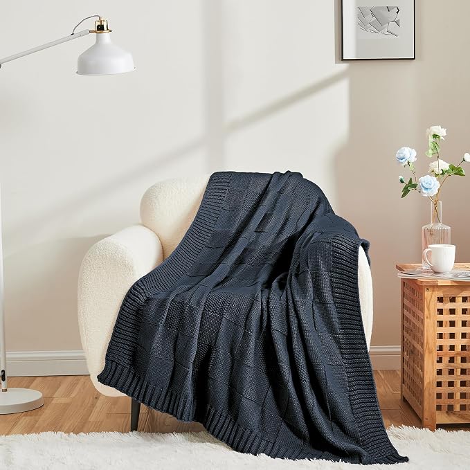 CozeCube Navy Blue Knitted Checkered Throw Blanket 60"X80" | Check Knit Throw for Couch, Decorative Christmas Soft Cozy Warm Blanket for Bed Sofa Living Room