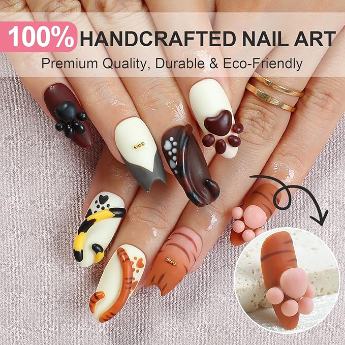 Handmade Press On Nails Almond, 3D Whimsical Kitten Design Short Fake Nails, Salon Quality Reusable, Fall/Winter Cute Gift & Party for Women, 10Pcs