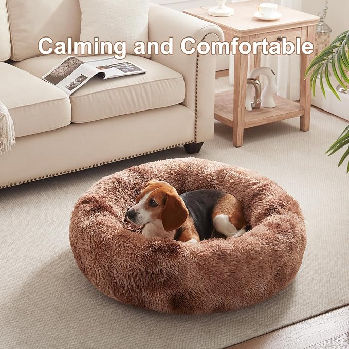 33 in Faux Fur Donut Dog Bed for Medium Plus Dogs,Tie-dye Brown | Calming Plush Round Fluffy Pet Bed with Removable & Washable Cover,Fits up to 65 lbs Pets