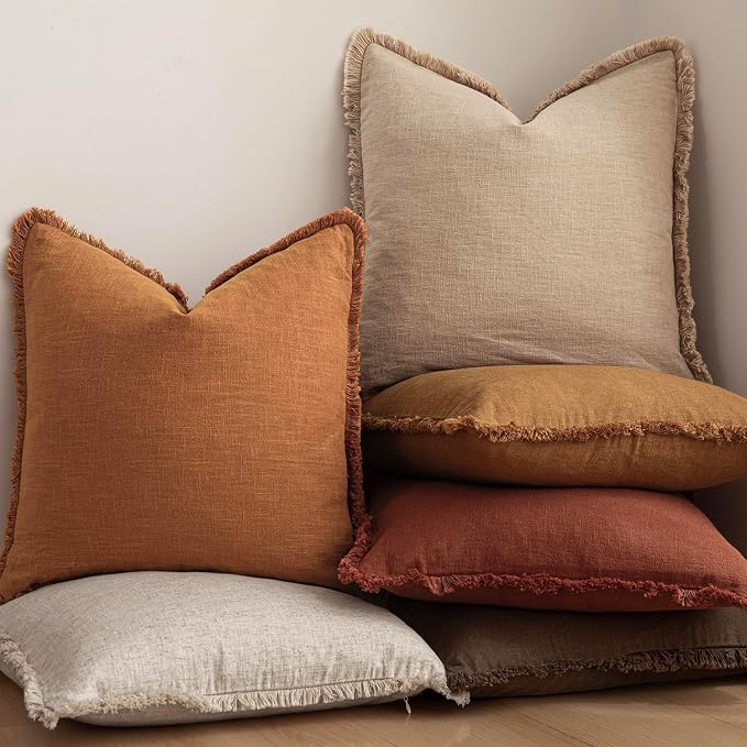 Foindtower Set of 2 Decorative Linen Fringe Throw Pillow Covers Cozy Boho Farmhouse Cushion Cover with Tassels Soft Accent Pillowcase for Couch Sofa Bed Living Room Home Decor, 22×22 Inch, Orange