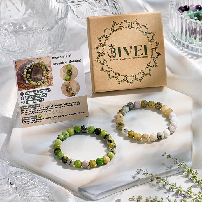 Bivei Natural Gemstone Semi Precious Healing Crystals Handmade Stretchy Round Beads Bracelet,Stocking Stuffers for Women Enhance Positive Energy