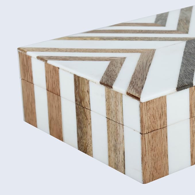 Handicrafts Home White Decorative Storage Box with Lid Wood Remote Control Box Coffee Table Storage Box Remote Holder for Living Room Decor – Resin Inlay Marquet Chevron Collection - 8x5x2