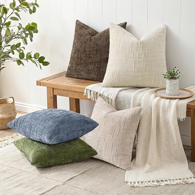 decorUhome Textured Chenille Throw Pillow Covers 26x26 Set of 2 Grey Blue | Fall Modern Farmhouse Soft Cozy Slubby Couch Pillow Cases Boho Decorative Pillow Cases for Bed Sofa Living Room Home Decor