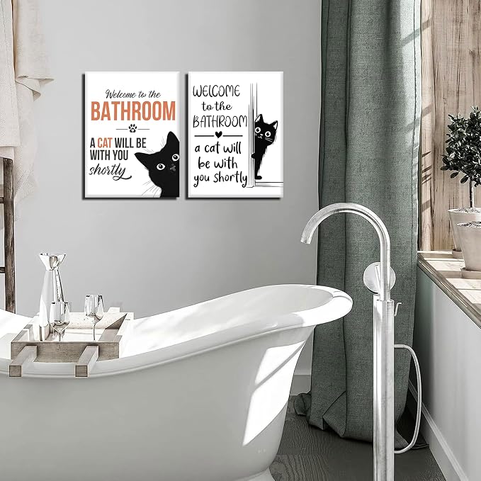 MUWAK Funny Welcome to the Bathroom Slogan Wall Art Set of 2 – Cat will Be With You Shortly Canvas Prints, Funny Bathroom Sign Pictures Wall Decor for Restroom, Washroom – 12x16in